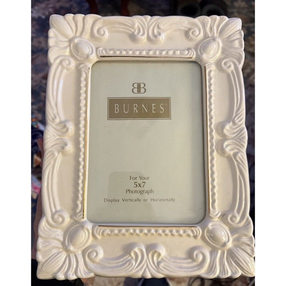 Burnes Ceramic Frame 5x7 Cream With Gold Details Vertical Horizontal Tabletop